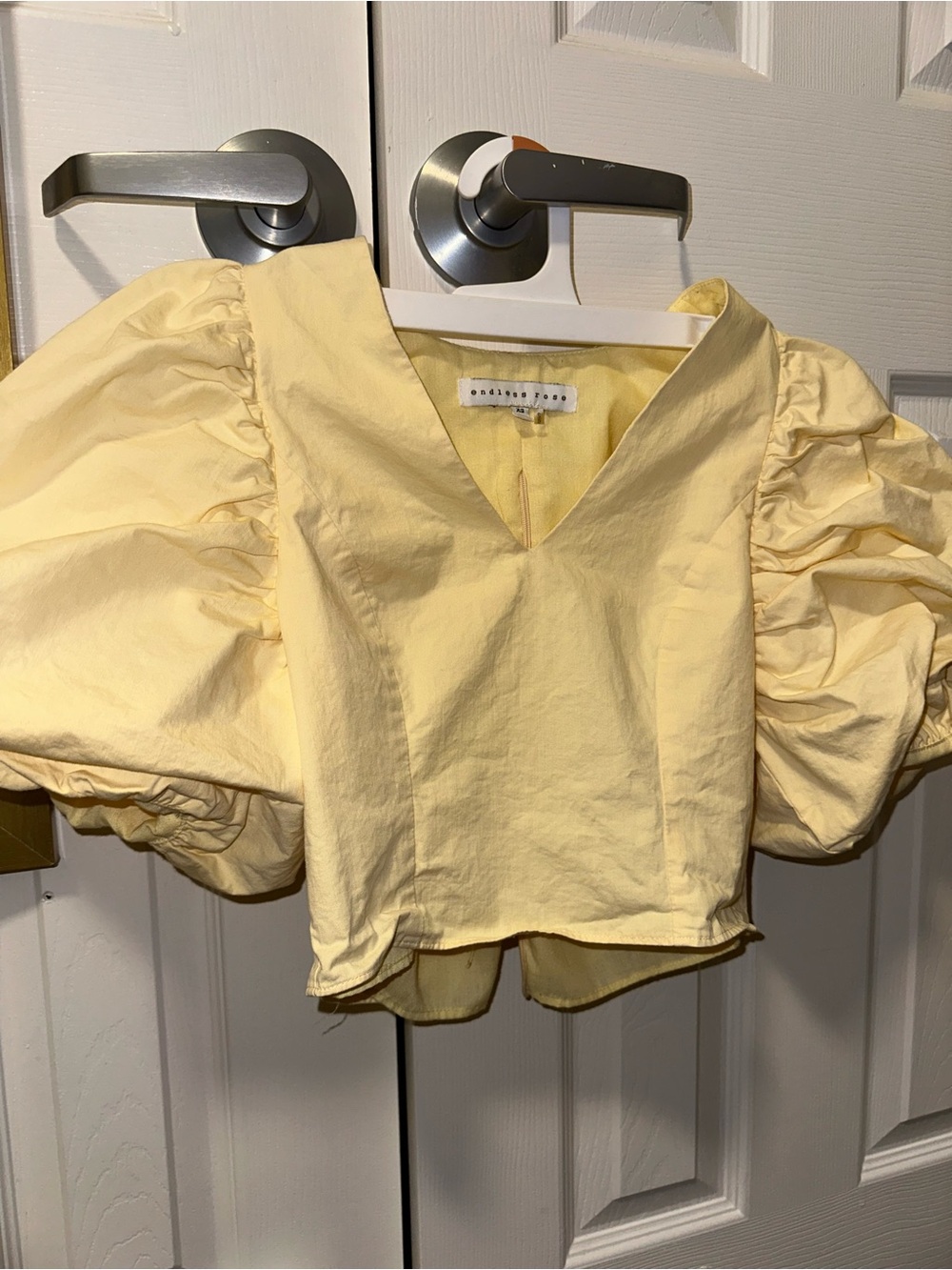 Endless Rose Pale Yellow Puff-Sleeve Cropped V-Neck Top